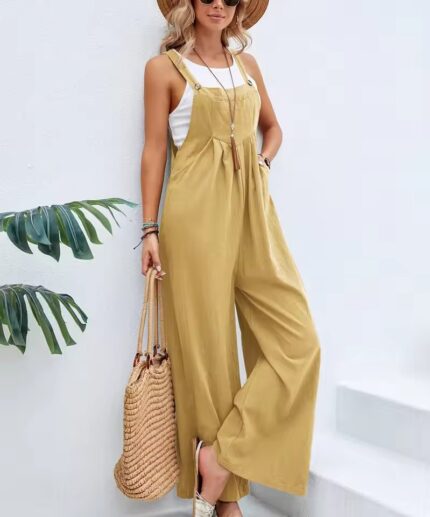 Ladies Wide Leg Dungarees Jumpsuit Linen Cotton Loose Overalls Playsuit Rompers - Yellow