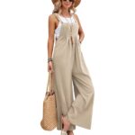 Ladies Wide Leg Dungarees Jumpsuit Linen Cotton Loose Overalls Playsuit Rompers - Khaki