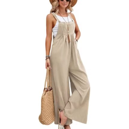 Ladies Wide Leg Dungarees Jumpsuit Linen Cotton Loose Overalls Playsuit Rompers - Khaki