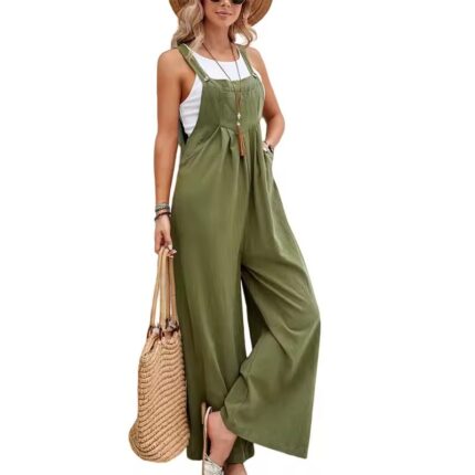 Ladies Wide Leg Dungarees Jumpsuit Linen Cotton Loose Overalls Playsuit Rompers -Army Green