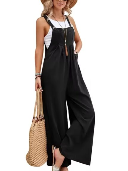 Ladies Wide Leg Dungarees Jumpsuit Linen Cotton Loose Overalls Playsuit Rompers - Black