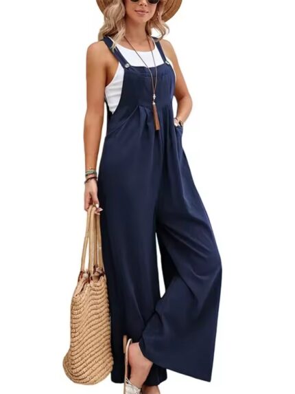 Ladies Wide Leg Dungarees Jumpsuit Linen Cotton Loose Overalls Playsuit Rompers -Blue