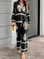 2pcs Elegant Special Set for Women with Random Print Front Button Long Sleeve Top and Pants Casual Suit - Black