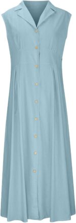 Adhdyuud Women's Casual Loose Sleeveless Lapel Shirt Dress Solid V-Neck Single Breasted Office Dresses - Blue - Image 3
