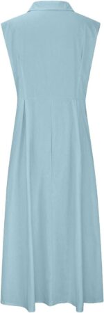 Adhdyuud Women's Casual Loose Sleeveless Lapel Shirt Dress Solid V-Neck Single Breasted Office Dresses - Blue - Image 6