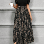 Women's Elegant A-Line Dress with Directional Print & Adjustable Waist Belt - Round Neck, Machine Washable -Multicolor