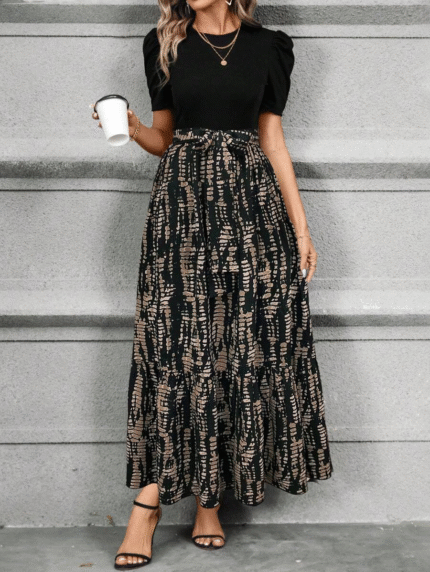 Women's Elegant A-Line Dress with Directional Print & Adjustable Waist Belt - Round Neck, Machine Washable -Multicolor