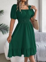 Women's Plain Square Neck Short Sleeve Flare Peplum Dress, High Waist Elegant Casual Dress - dark green