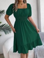 Women's Plain Square Neck Short Sleeve Flare Peplum Dress, High Waist Elegant Casual Dress -  dark green - Image 2