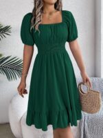 Women's Plain Square Neck Short Sleeve Flare Peplum Dress, High Waist Elegant Casual Dress -  dark green - Image 4