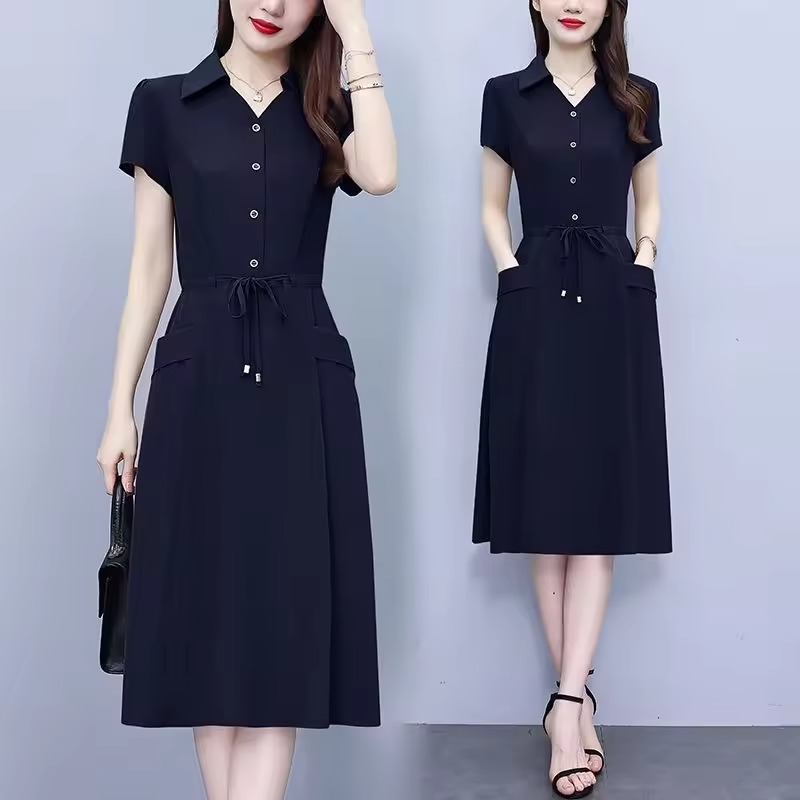 Women's Elegant V-Neck Big Neck Midi Dress Short Sleeve A-Line - navy blue Women's Elegant V-Neck Big Neck Midi Dress Short Sleeve A-Line - navy blue