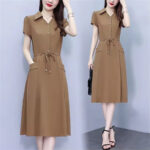 Women's Elegant V-Neck Big Neck Midi Dress Short Sleeve A-Line - khaki