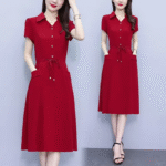 Women's Elegant V-Neck Big Neck Midi Dress Short Sleeve A-Line - Red
