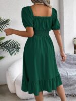 Women's Plain Square Neck Short Sleeve Flare Peplum Dress, High Waist Elegant Casual Dress -  dark green - Image 3