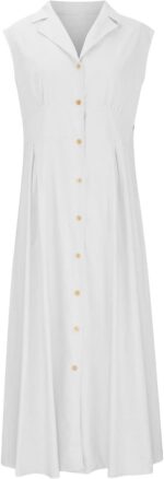 Adhdyuud Women's Casual Loose Sleeveless Lapel Shirt Dress Solid V-Neck Single Breasted Office Dresses - White - Image 4