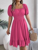 Women's Plain Square Neck Short Sleeve Flare Peplum Dress, High Waist Elegant Casual Dress - rose red