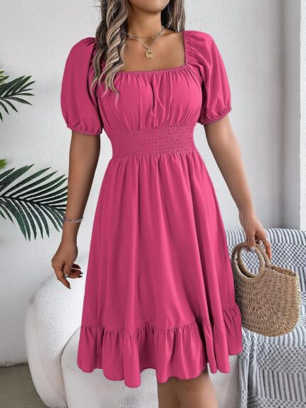 Women's Plain Square Neck Short Sleeve Flare Peplum Dress, High Waist Elegant Casual Dress - rose red