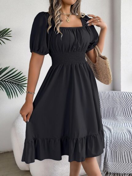 Women's Plain Square Neck Short Sleeve Flare Peplum Dress, High Waist Elegant Casual Dress - black