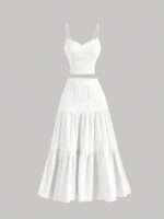 Women Summer Casual Solid Color Ribbed Fitted Camisole Top And Ruffle Hem A-Line Skirt Set - White