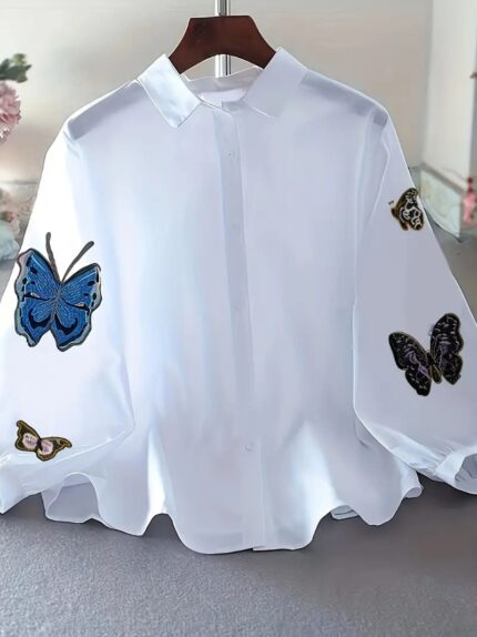Butterfly Embroidered Lapel Neck Blouse, YOUNG Button Front Long Sleeve Blouse For Spring & Summer, Women's Clothing