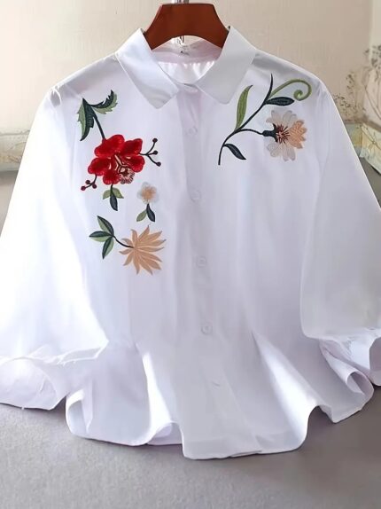 Women'S Floral Embroidered Blouse - Chic Short Sleeve Button-Up Shirt with Vibrant Red, Orange & White Flowers, Lightweight Summer Top for Casual or Stylish Outfits, Ladies Blouses