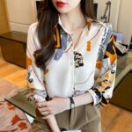 Women’s Elegant Geometric Print Shirt – Long Sleeve Polo Collar Qatar Fashion