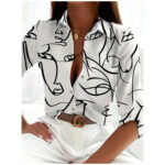 Women'S Casual Long Sleeve Button-Up Shirt with Abstract Face Print - White with Black Graphic, Pointed Collar, All-Season Versatile Top for Spring Summer Fall, Elegant Layering Piece for Casual Formal Outfits
