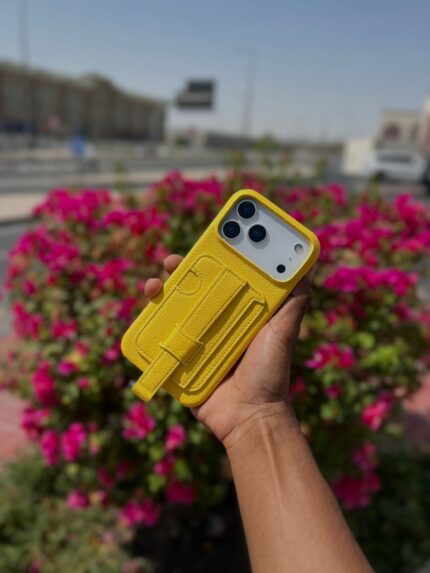 Buy iPhone 17 Pro Max Leather Case Qatar – Yellow Grip Stand Protective Cover