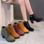 Ladies' Square Heel Ankle Boots with Side Zipper - Comfortable Rubber Sole And Fabric Lining - Casual Platform Short Boots
