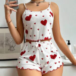 Heart Love Printed Women Summer Sleeveless Short Two Piece Pajama Set Short Women Casual Homewear Sleepwear with Elastic Waist