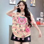 Sweet Cute Strawberry Bear Suit Women's Summer New Loose pink Short Sleeve Shorts Casual Two-piece Set