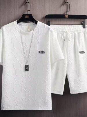 White men's casual embossed T-shirt and shorts summer set in Qatar