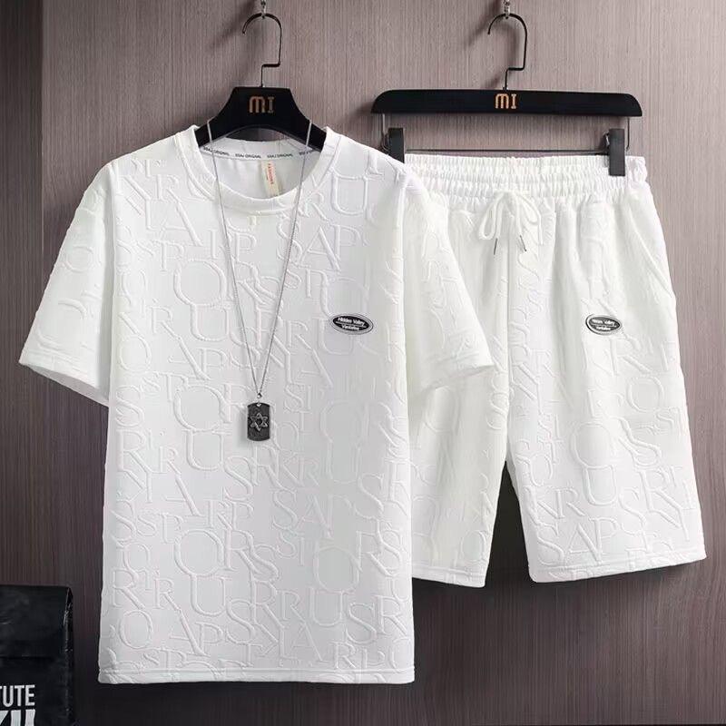 White men's casual embossed T-shirt and shorts summer set in Qatar
