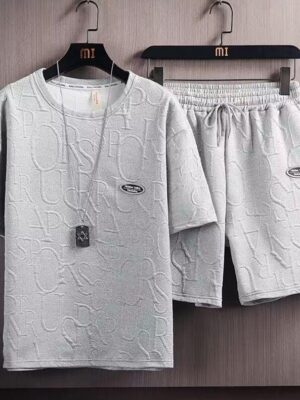 White men's casual embossed T-shirt and shorts summer set in Qatar